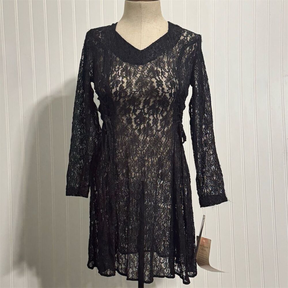 VTG 90s Laura‎ Winston Black Lace-Up Mini Dress 7/8 Gothcore Corset Y2K Vampire